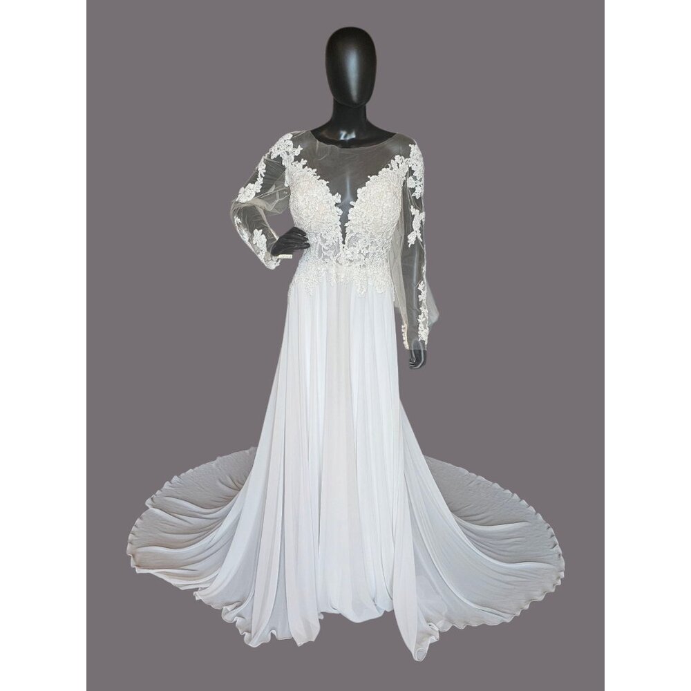 Ivory/Nude Deep Plunge Long Sleeve Chiffon Wedding Gown - Allure Romance